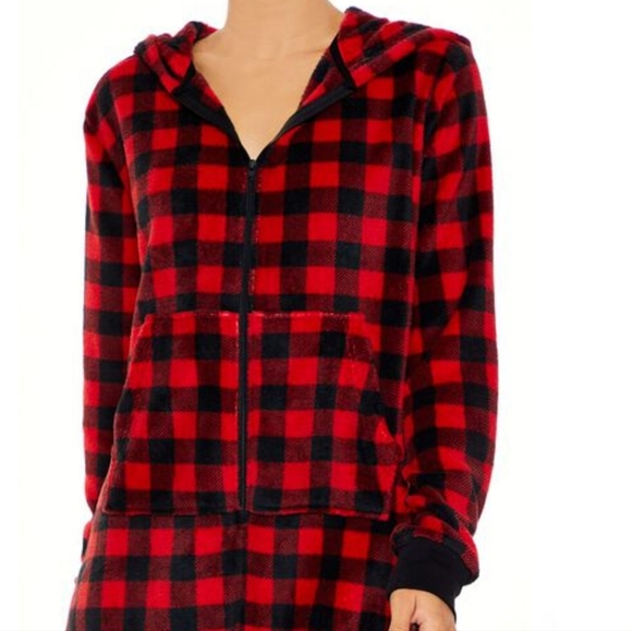 FOREVER 21 Hooded Fleece Plaid Cristmas Pajama Jumpsuit Size Small Winter - Picture 3 of 11